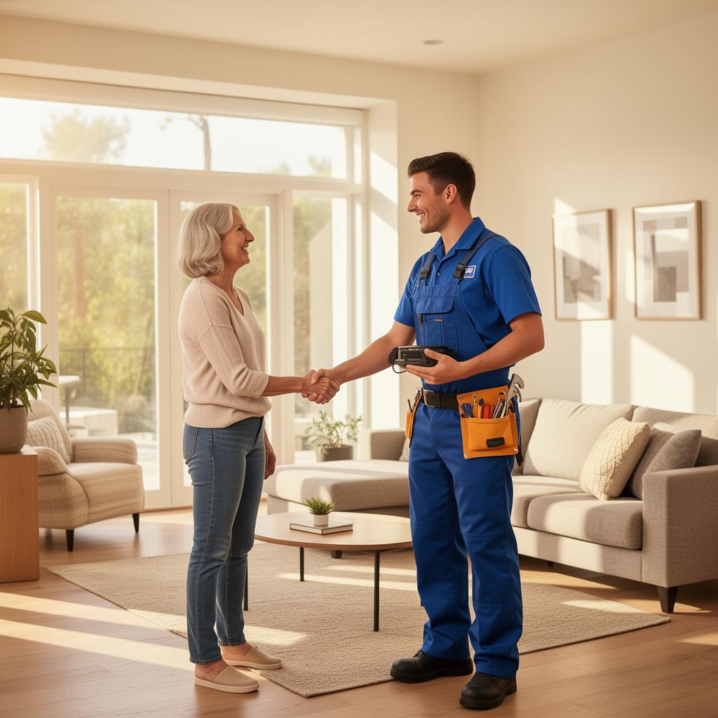 Sanchez Heating & A/C technician greeting a satisfied homeowner